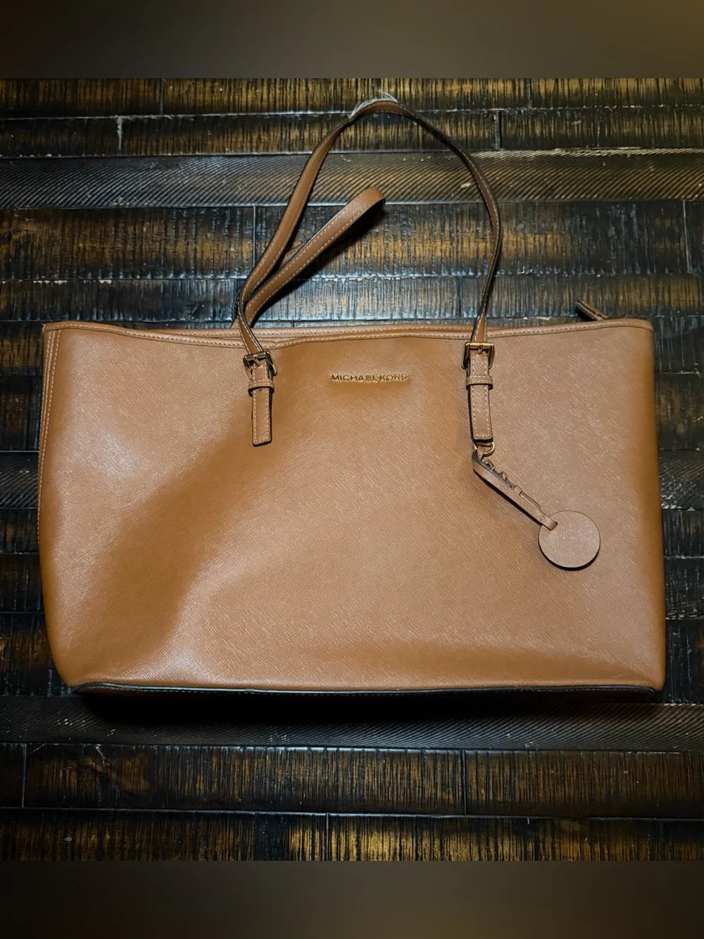 Michael Kors Jet Set Travel Large Tote Acorn Saffiano Leather Brown Bag